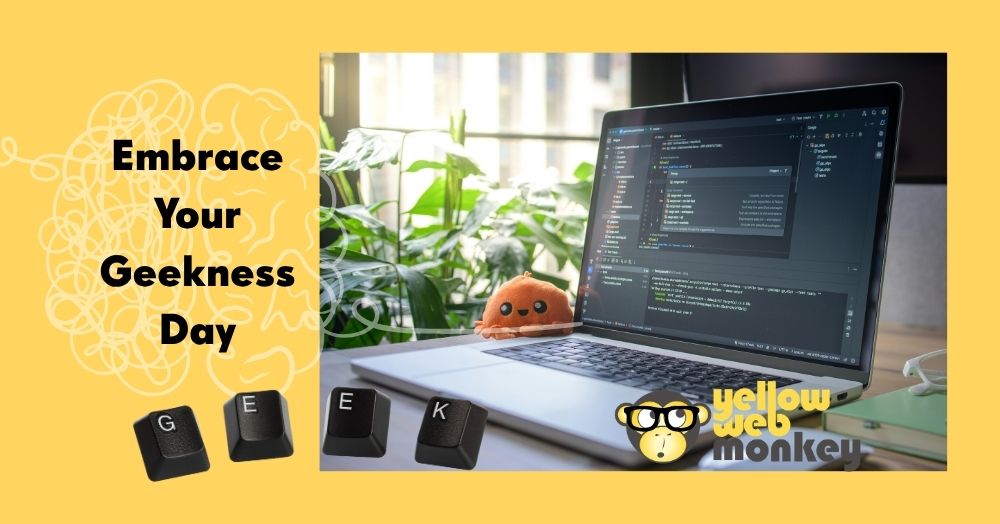 laptop with a stuffed octopus, a notebook with a pair of glasses on top